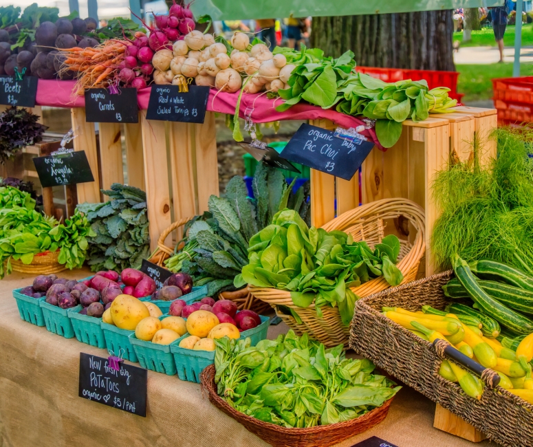 Fresh fruits and vegetables sitting on display at the Santa Monica Farmers Market
