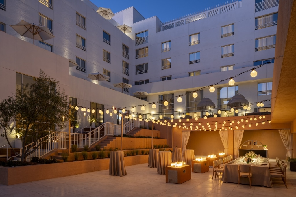 Outdoor seating area used for meetings at Sandbourne Santa Monica