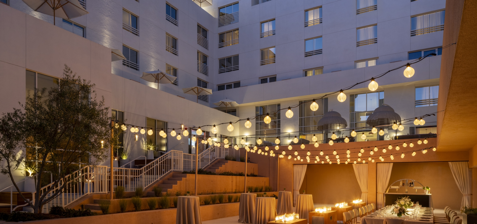 Outdoor seating area used for meetings at Sandbourne Santa Monica