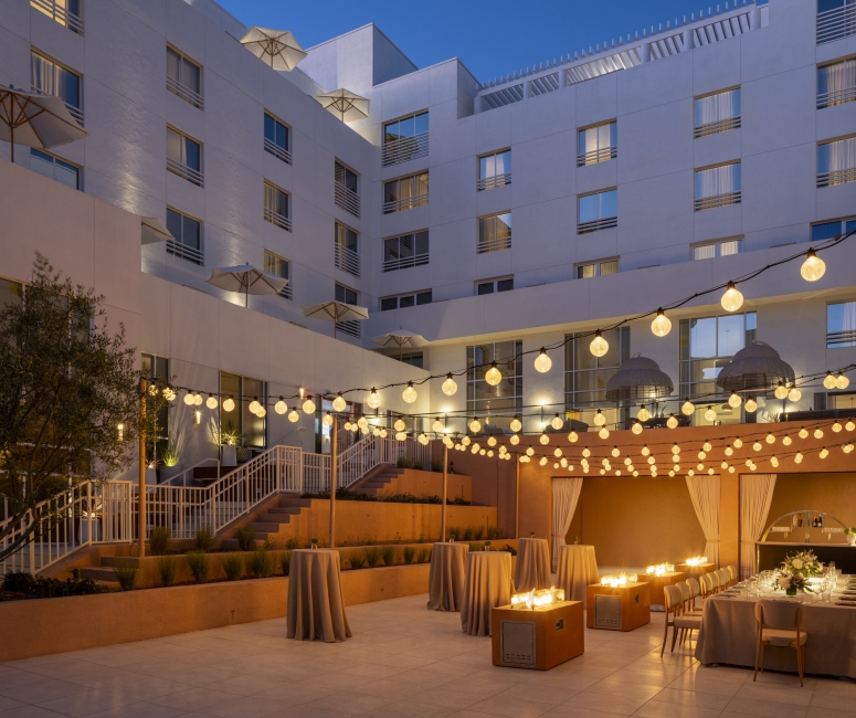 Outdoor seating area used for meetings at Sandbourne Santa Monica