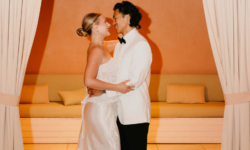 a bride and groom dancing together